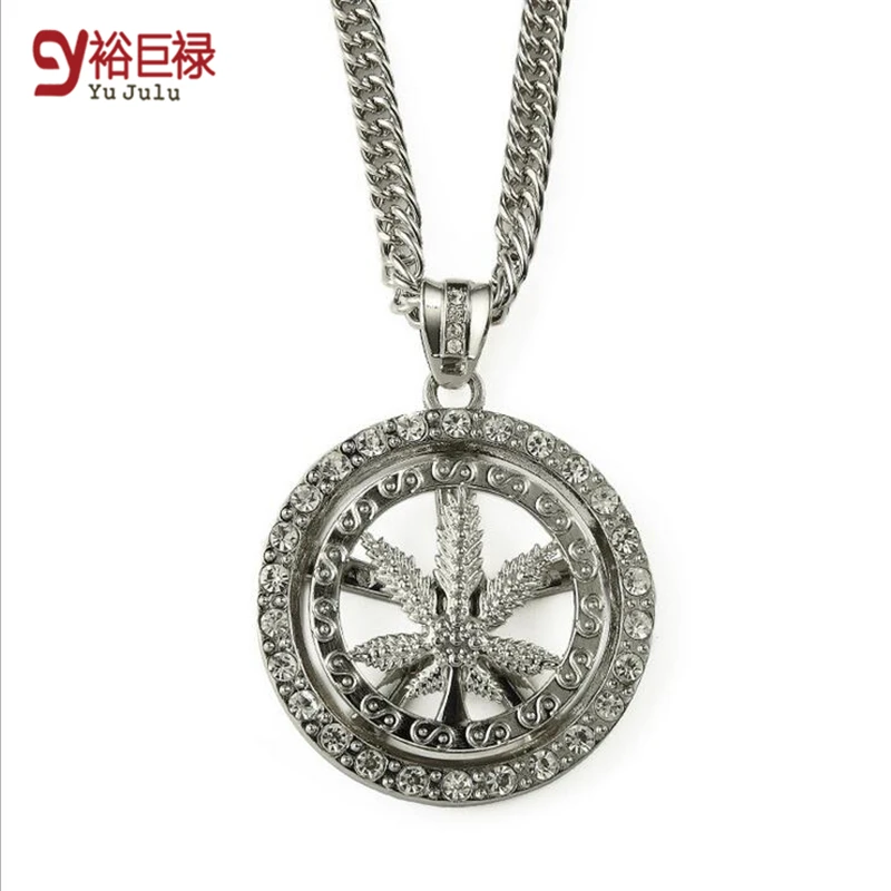 New! High Quality Hemp Leaf Can Rotate Pendant Necklace Fashion HipHop Ci TY Boy Accessories Silver 90cm Long Chain Men Jewelry