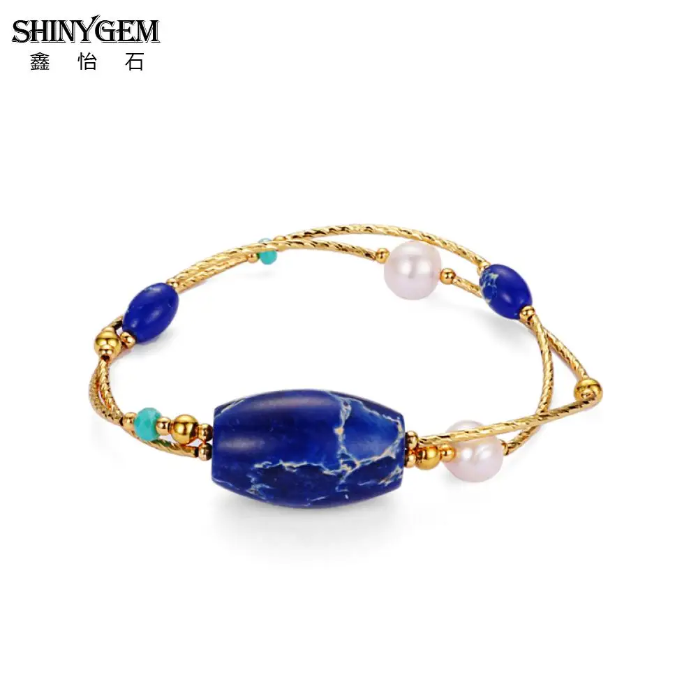 

ShinyGem Golden Wire Wrap Bracelets Fashion Natural Real Pearl Jaspers Stone Bracelet Chakra Big Stone Charm Bracelets For Women