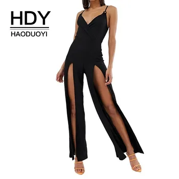 

HDY Haoduoyi 2019 New Summer Wrap Front Split Leg Ring Detail Strappy Jumpsui Sexy Solid Black Fashion Women Junosuit