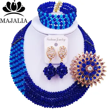 

Fashion Women African Beads Necklaces Nigeria Wedding african beads jewelry blue Crystal Bridal Party Jewelry Sets CX-020
