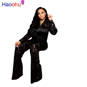 

HAOOHU Sexy Floral Lace 2 Piece Sets Women Mesh See Through Two Piece Outfit Set Casual Button Top Wide Leg Pants 2 Pcs Set