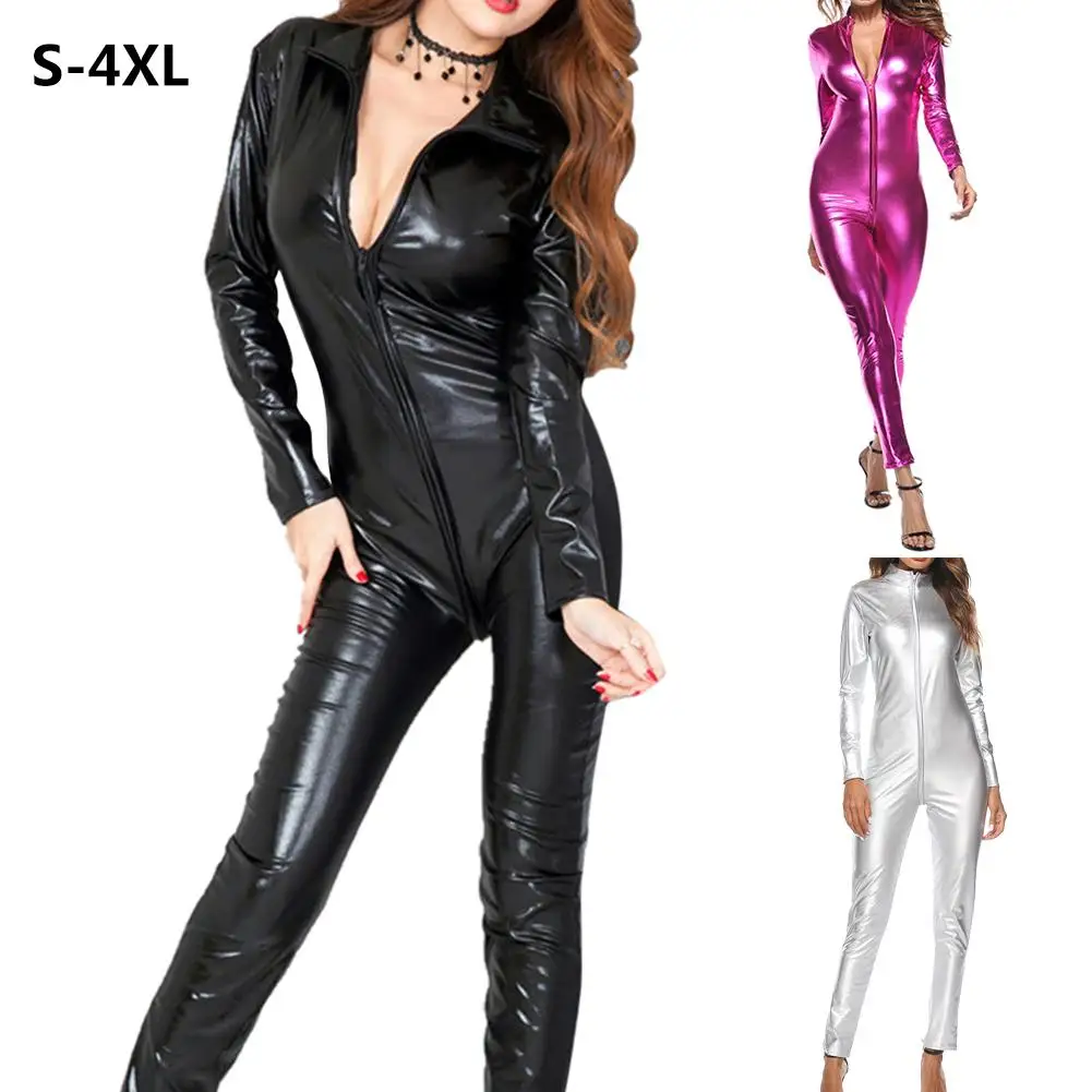 

Patent Leather Sexy Playsuit Jumpsuit Slim Fitting Queen Leather Cardigan Zipper Bodysuit Catsuit Clubwear Policewoman Role Play