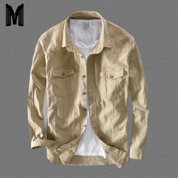 

Fashion Mens Wrinkled Surface Shirt Long Sleeve 97%Cotton Cardigan Casual Slim Fit Shirts Men Double Pocket Tops Clothing Y1716