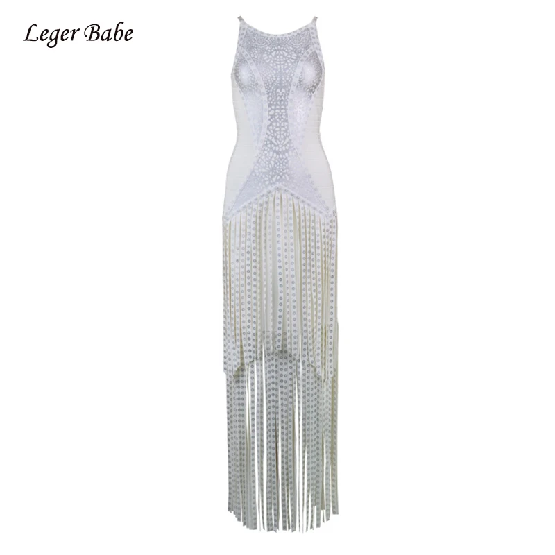 

Long Women Tassel Badnage Dress Luxury Sleeveless Long Fringe O Neck New Celebrity Evening Party Silver Slim Dresses Vestidos