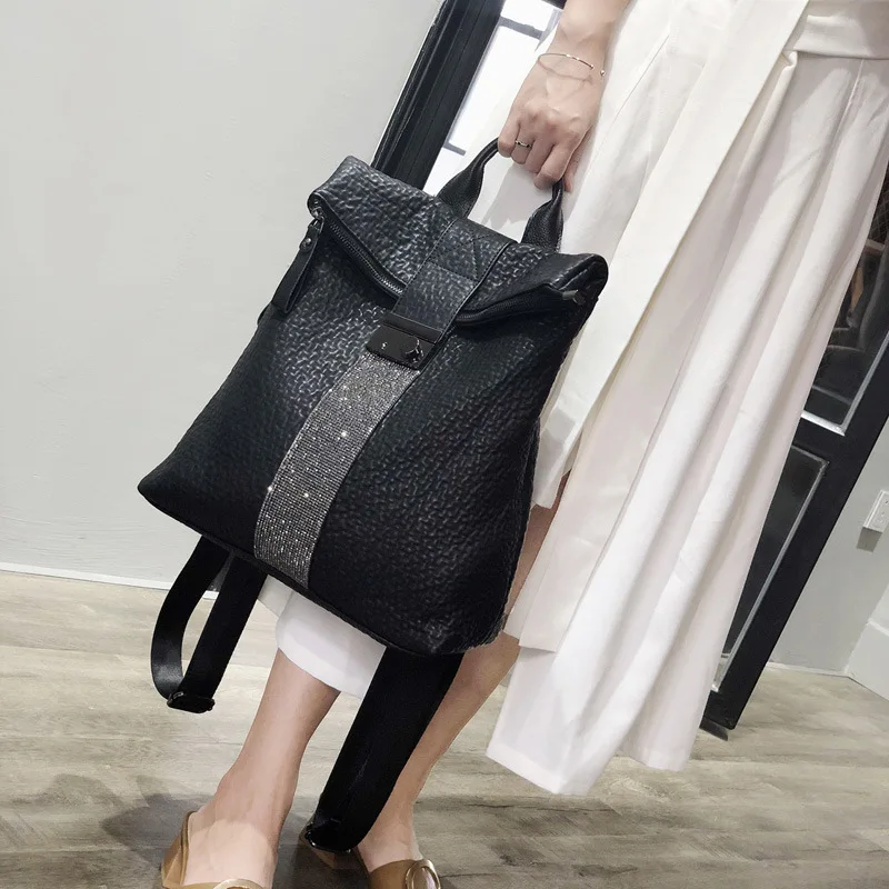 Роскошный кожаный рюкзак с бриллиантами, женский рюкзак с блестками, черный рюкзак из натуральной кожи, милый модный женский рюкзак