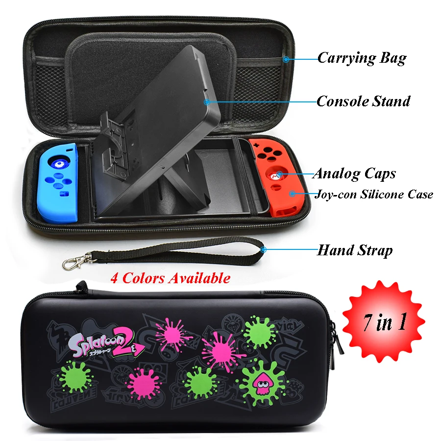 

7 in 1 Nintend Switch Accessories Carrying Storage Travel Bag+ Adjustable Stand+ Silicone Case Analog Caps for Nintendo Switch