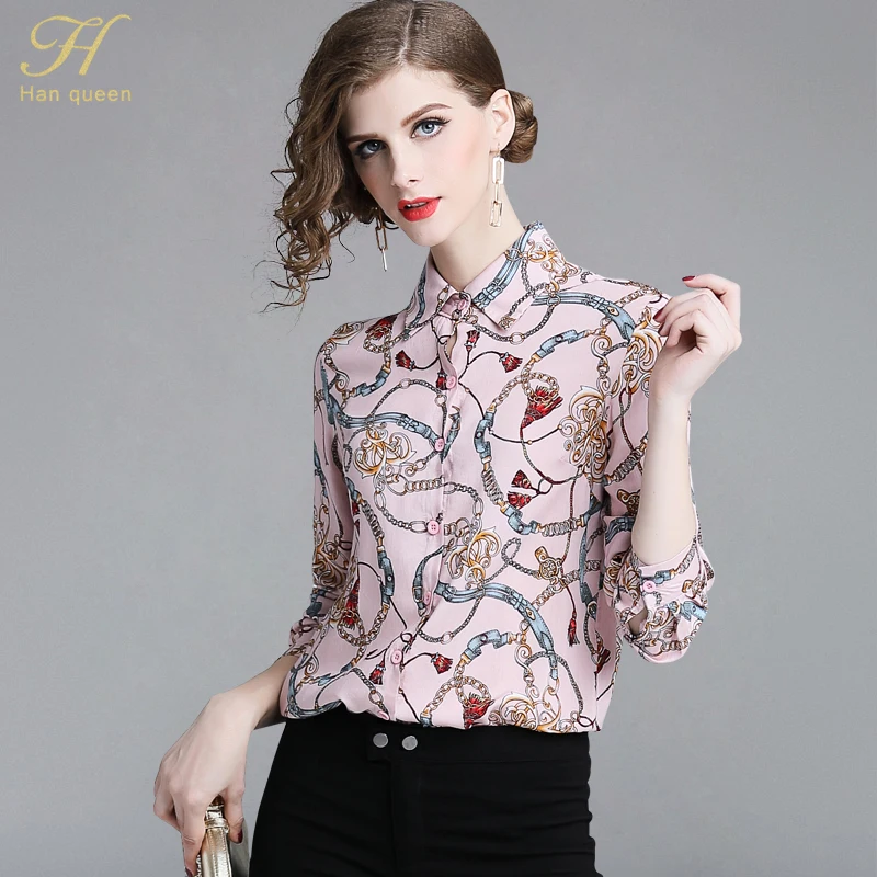 

H Han Queen Women vintage Geometric Print Ladies Tops chiffon long sleeve Casual Blouse Female Work Wear Office Shirts