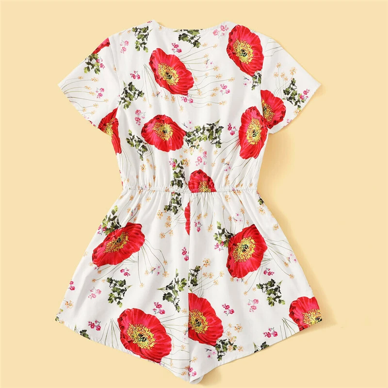 Летние женские Boho Цветочный принт Platysuits новые женские короткий рукав V шеи Шорты Комбинезоны пляжный отдых Playsuit Femme