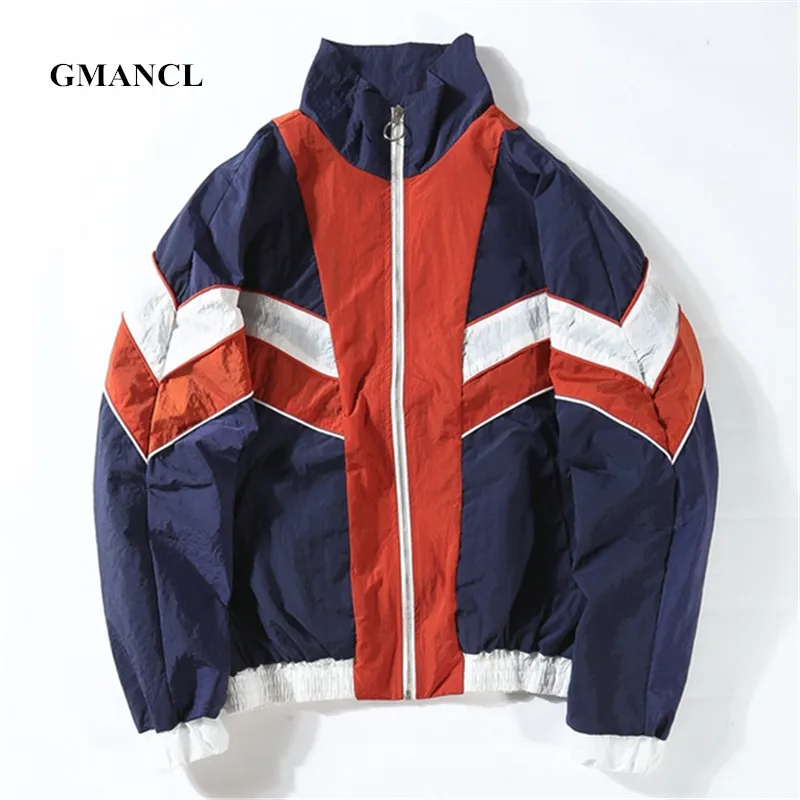 

Men Autumn Loose Multicolor Color Block Patchwork Casual Jackets Hip Hop Streetwear Vintage Stitching Windbreaker Jackets Coats