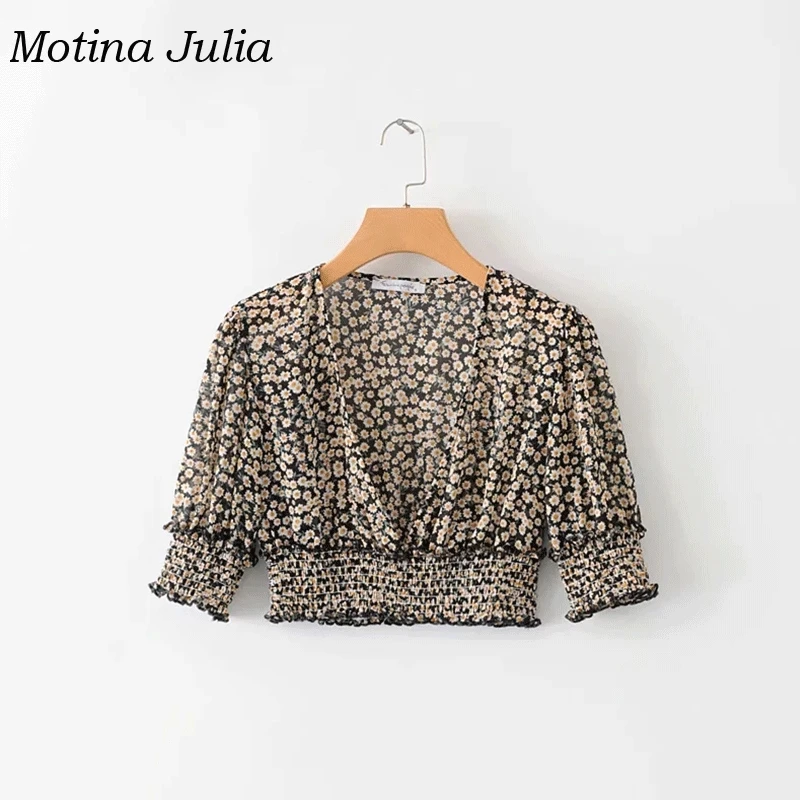 Женская блузка с цветочным принтом Motina Julia Пляжная треугольным вырезом лето 2019| |