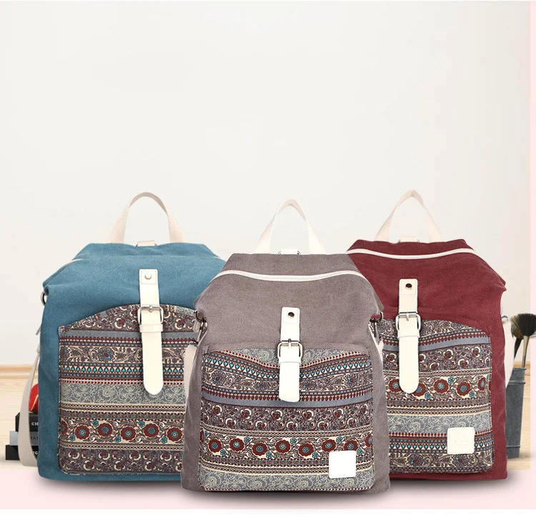 Bolsa de Ombro Zhierna Mochila Feminina Pacote Estilo Nacional Retro Escola Vento Menina Lona Flor Bolsa Prático 4 Bolsas e Malas