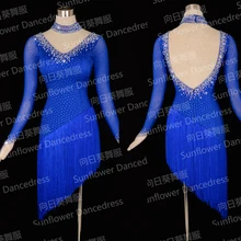 Hot-Selling Latin Dress!New Competition fringe Latin dance dress,Long sleeves,girls dancing latin samba,royalblue