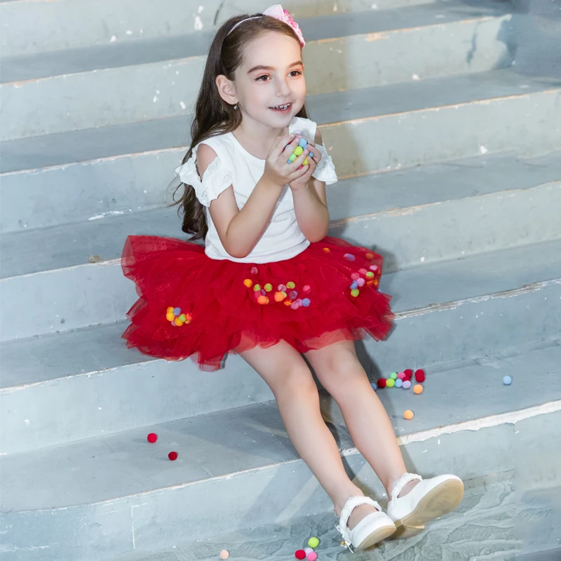 Buenos Ninos Baby Girls Fluffy 8-Layers Ballet Dance Pettiskirt Girl Princess Tulle Skirt With Pompom Puff Balls For 1-6T7