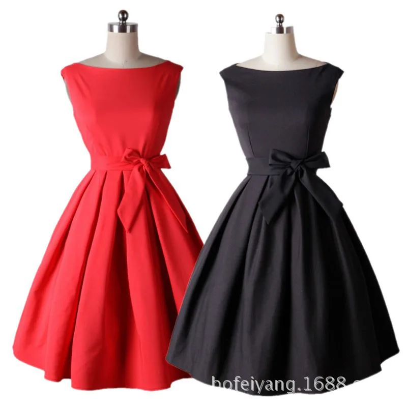 

Audrey Hepburn Vintage Style Retro 50s 60s Pinup Ladies Solid Big Swing Pleated Bowknot Tunic Dress Black/Red Plus Size Vestidos