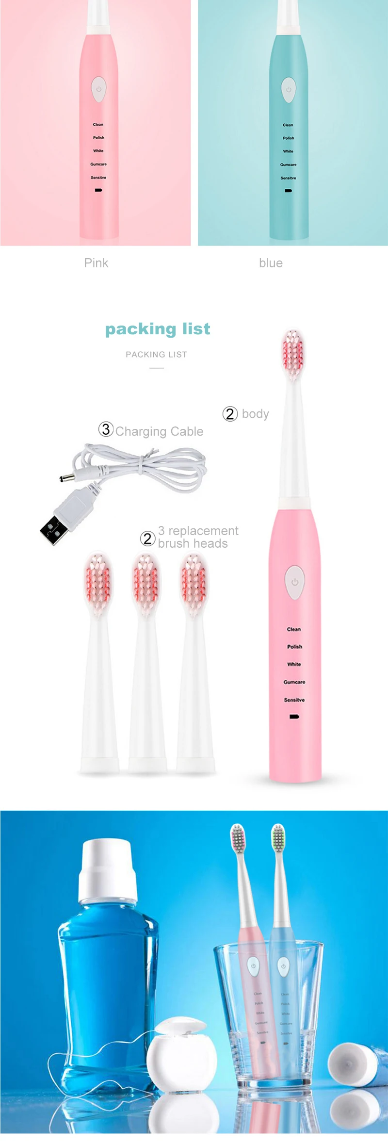 ultrasonic electric toothbrush USB Rechargeable Electrical Toothbrush Teeth Whitening Dual Clean teeth brush electric