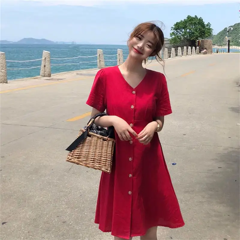 

women's summer sweet dresses chic kawaii cute solid color V-neck high waist dress Female lovely harajuku punk shirt for women