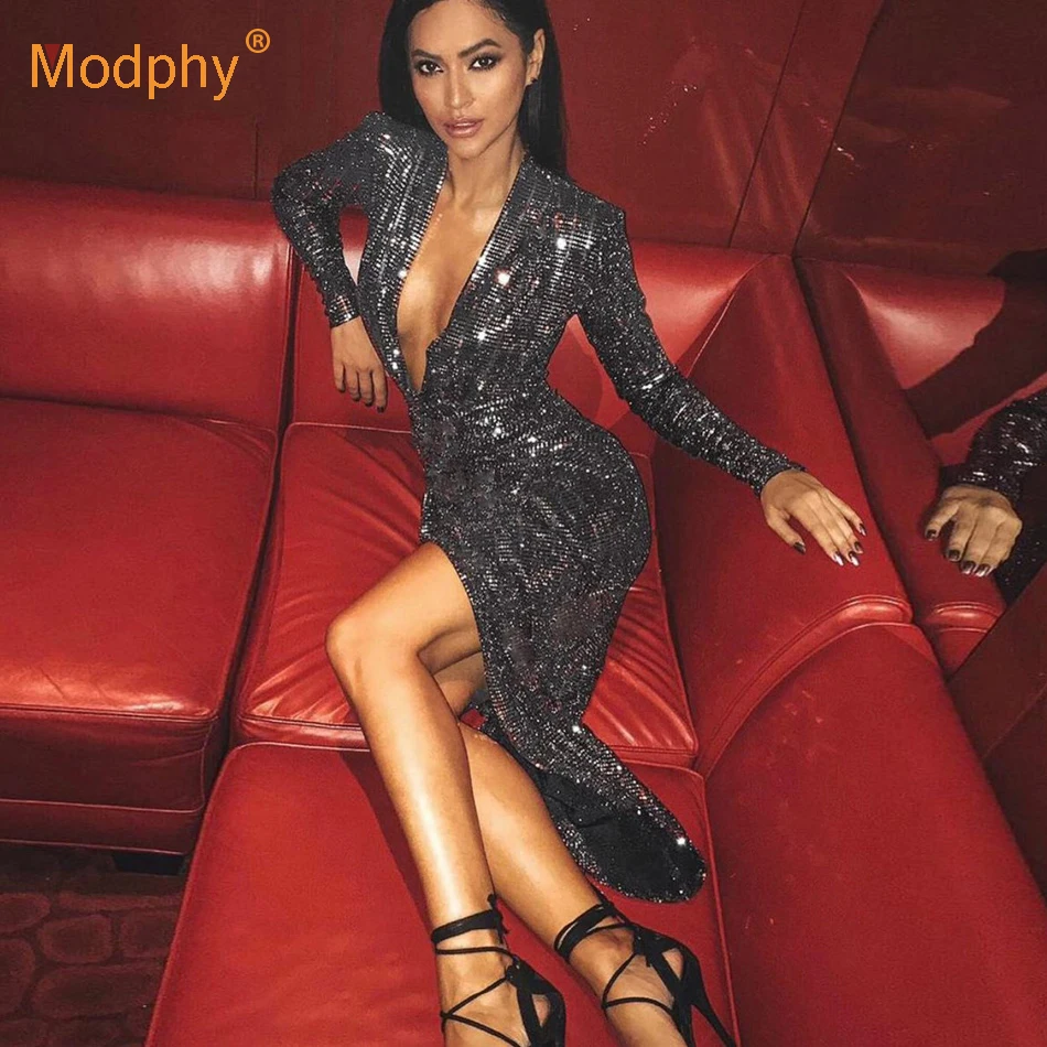 

2019 Autumn New Women's Evening Long Dress Sexy Long Sleeve Sequins Bodycon Dress Celebrity Runway Party Dress Vestidos