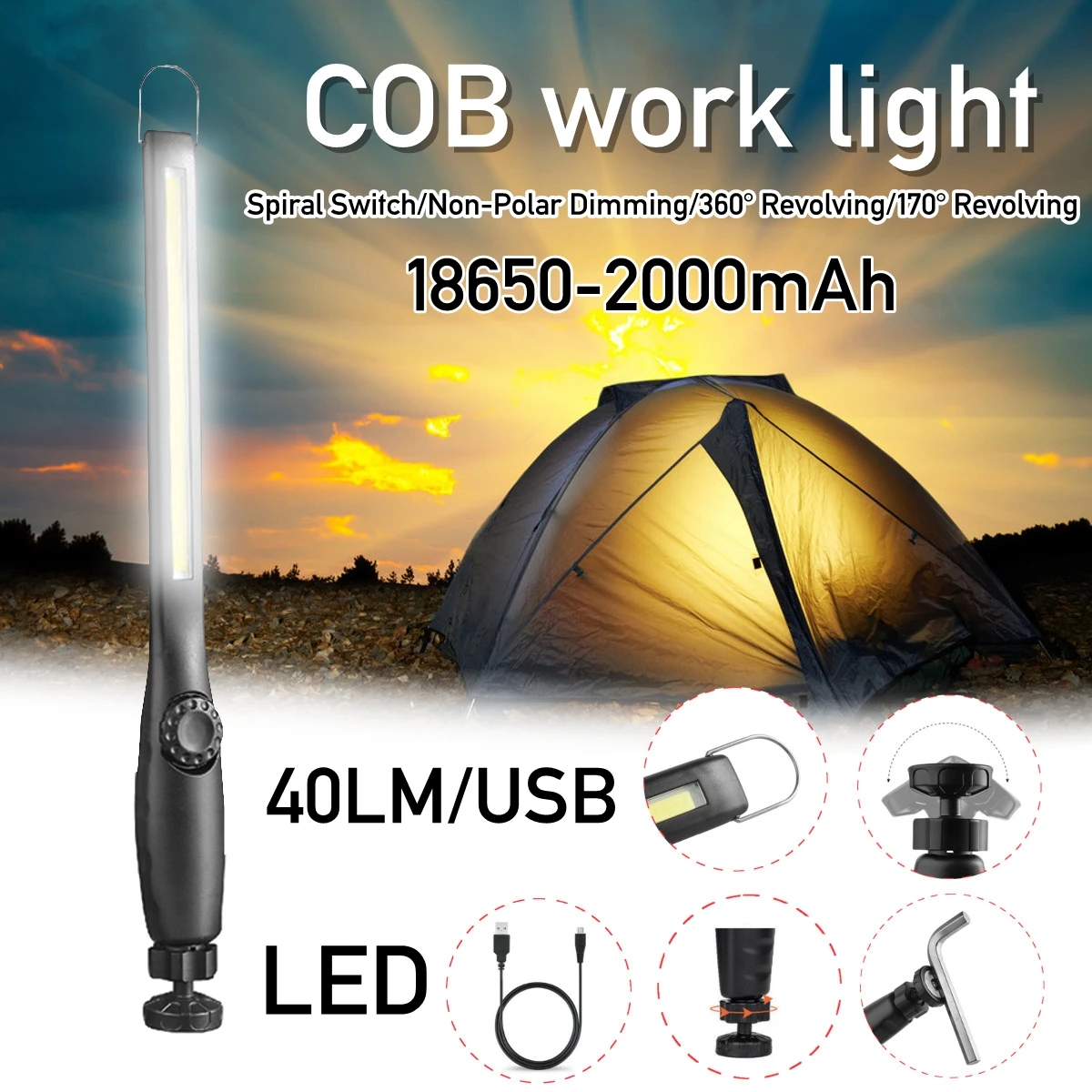 USB Перезаряжаемый COB светодиодный светильник фонарь Магнитный 5 Вт COB рабочий светильник бесступенчатый затемняющий Магнитный светильник 18650 аккумулятор рабочий светильник