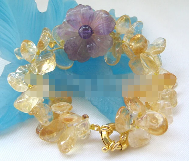 

Hot sell ->@@ > 10762 2row natural yellow crystal and amethyst flower bracelet -Top quality free shipping