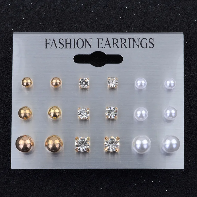 

ZORCVENS 9 pairs/sets Round Square Ball Alloy Crystal Stud pearl Earrings For Women Hot-selling Cute stud earrings Sets