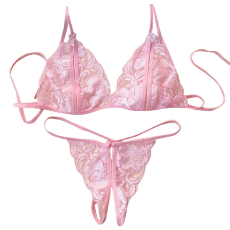 Womens Lingerie Lace Babydoll 2 Piece Bras Set With Bow Open Cup Crotchless Sexy Briefs