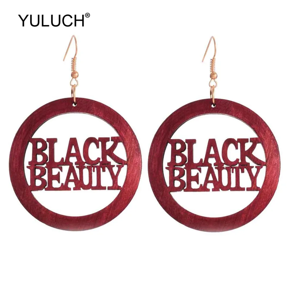 

YULUCH 2019 Ethnic Big Round Wooden Hollow Letter Black Beauty Drop Earrings African Wood Chip Pendant Jewelry Earrings For Lady