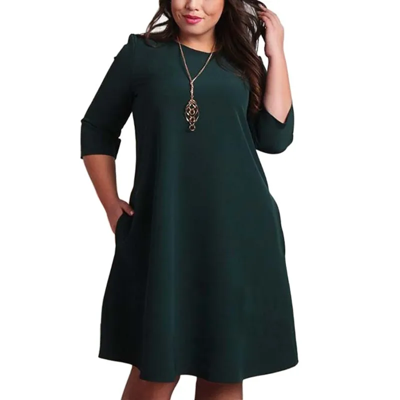 

L-6XL Big Size Dresses Office Ladies Plus Size Casual Loose Autumn Dress Pockets Green Red Fashion Dress Vestidos Women Clothes
