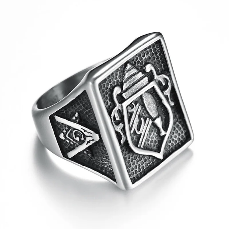 

Punk Vintage Style Square Masonic Signet Rings for Men Silver Square Stainless Steel Unique Freemasonry Ring Antique Jewelry
