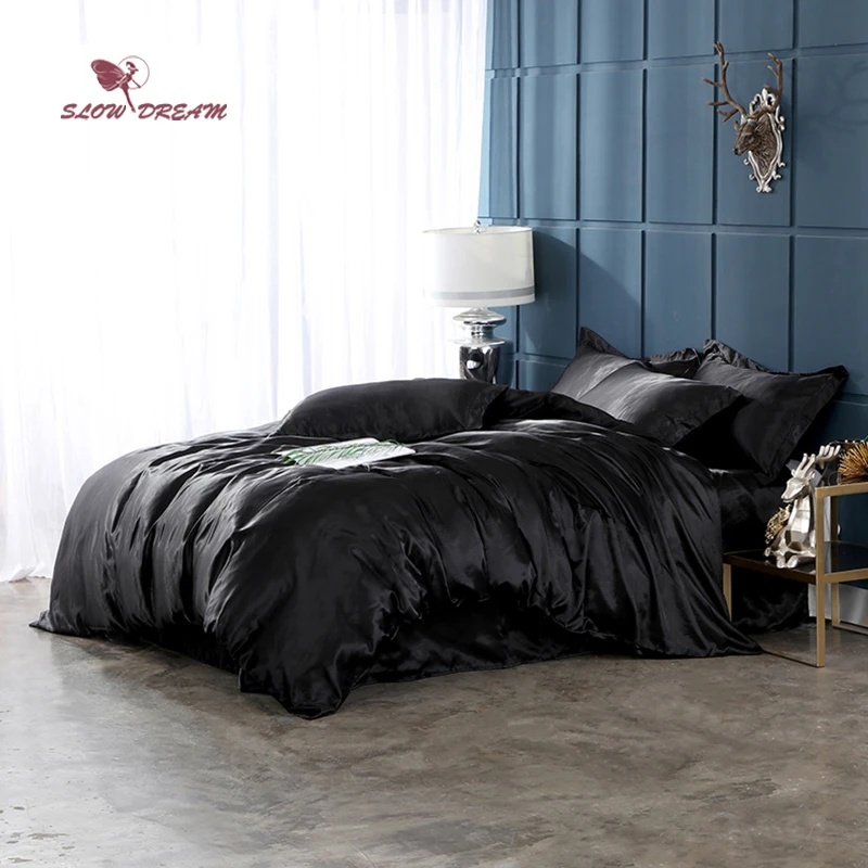 

SlowDream Black Luxury Bedding Set Solid Color Double Queen Adult Bedspread Decor Bedclothes Home Duvet Cover Flat Sheet Linens