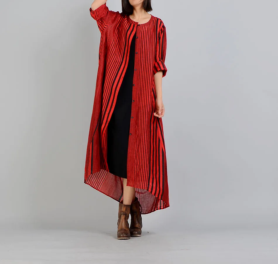 Women Casual Thin Irregular Hem Trench Coat Outwear Striped Loose