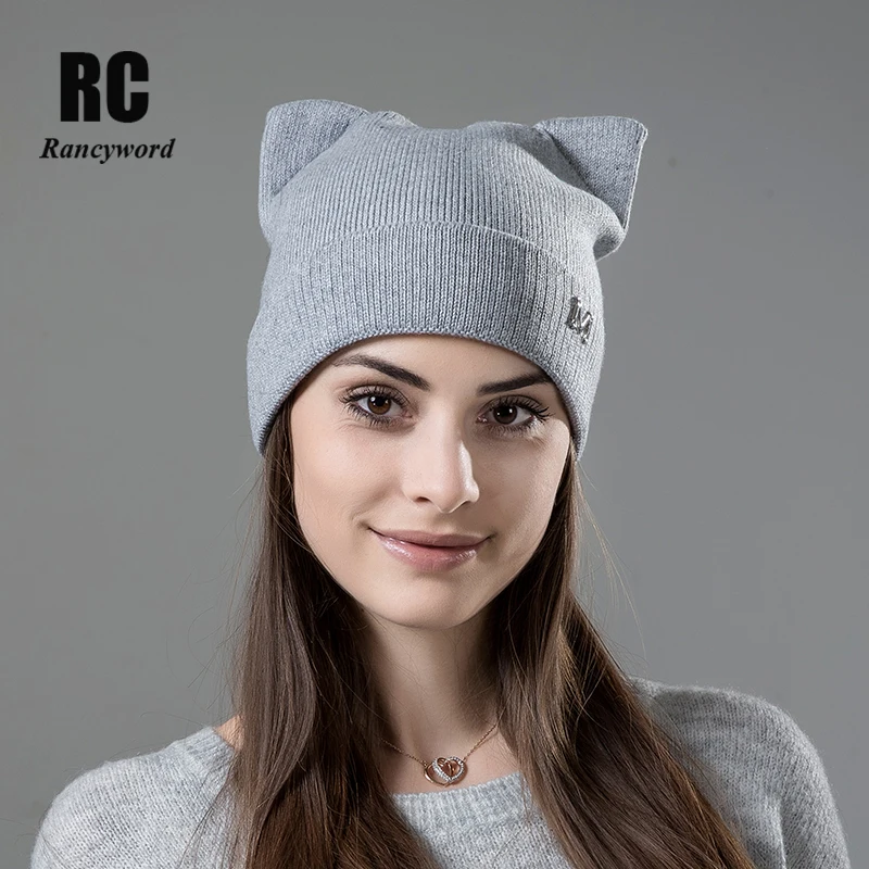 

[Rancyword] Women's Winter Hat Wool Beanie Skullies Lovely Cat Ear Hat Cap Female Knitted Wool Warm Hats For Women Pompon RC1244