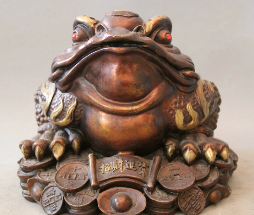 

song voge gem S5901 10" Chinese Bronze Gild Folk Wealth Money Golden Toad Spittor sculpture Statue