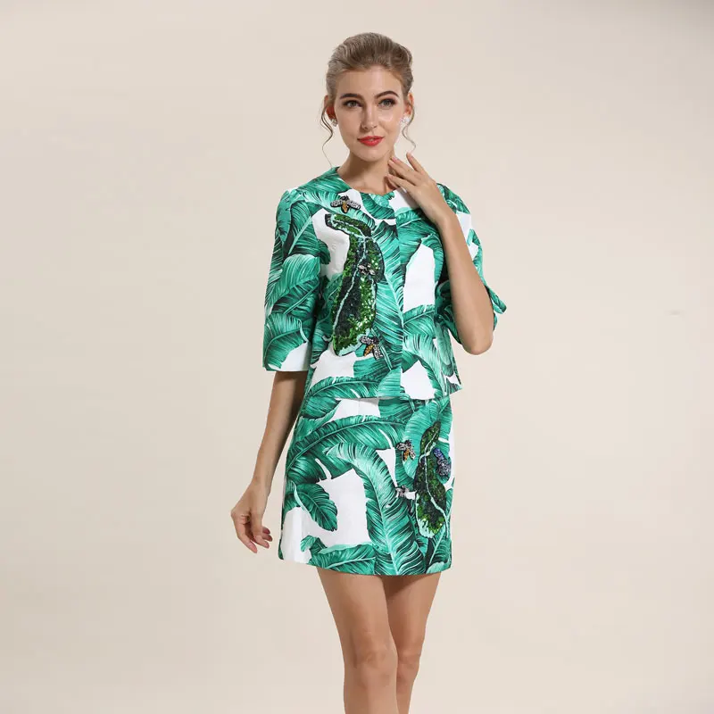 High Quality Half Sleeve Jacquard Sequin Top + Mini Skirt Suitin Women