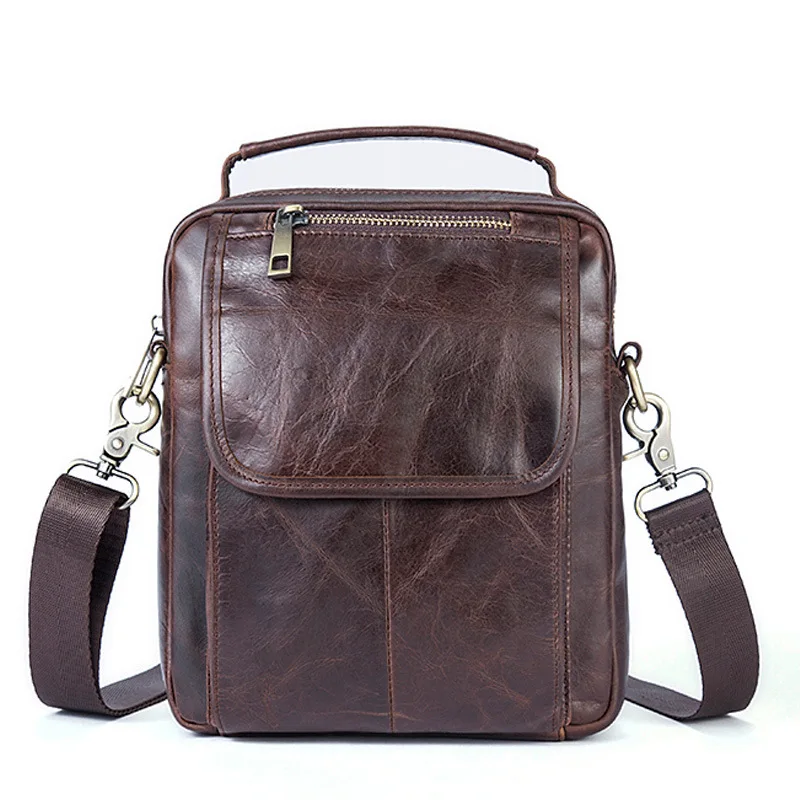 

HANSOMFY Mens Genuine Leather Bag retro casual shoulder bag man head layer chain Crossbody vertical section of bovine skin