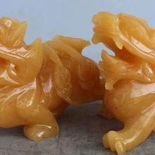 1" КИТАЙСКИЕ ручной работы натуральный желтый нефрит PiXiu талисман зверь-хранитель пара