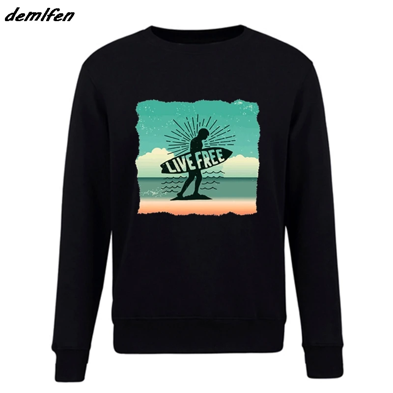 

Spring Autumn Fashion Men O-Neck Fleece Sweatshirt Inspiring Live Is Free, Surfings Funny Sunset Beach Black Hoodies Coat