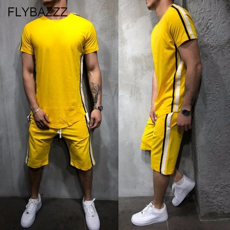 

Men Sport Running Suits Jogging Short Sleeve T Shirts+Knee High Pants Tracksuits Jersey Summer Fitness Sportswear 2PCS Gym Sets