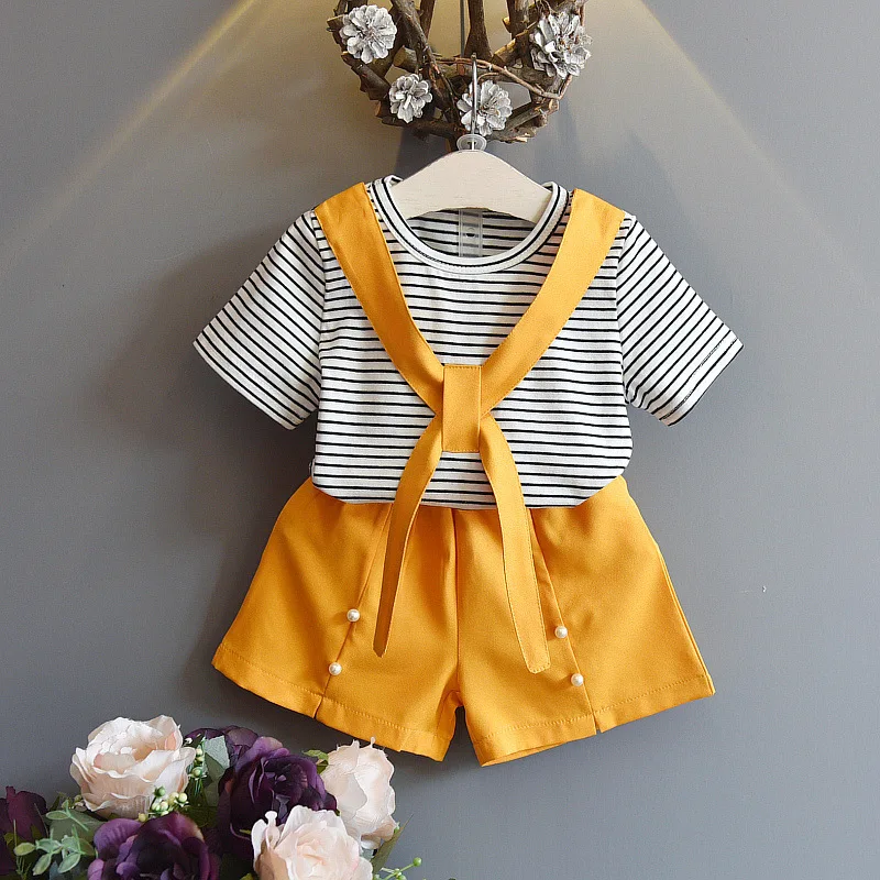 

new girls clothes stripe shirts for girl+shorts pearl 2pcs children clothing yellow pink cotton kids suits roupas infantis menin
