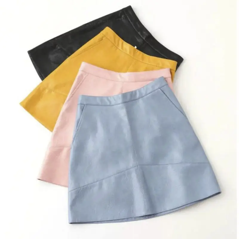 Image Brand  autumn winter new high waist PU faux leather women skirt pink yellow black blue zipper real photo u.s. size 004