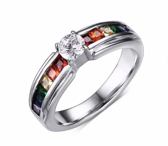 Free Engraving Stainless Steel An Pride Wedding Rings With Free Engraving Stainless Steel An Pride Wedding Rings With Rainbow Crystal Inlay