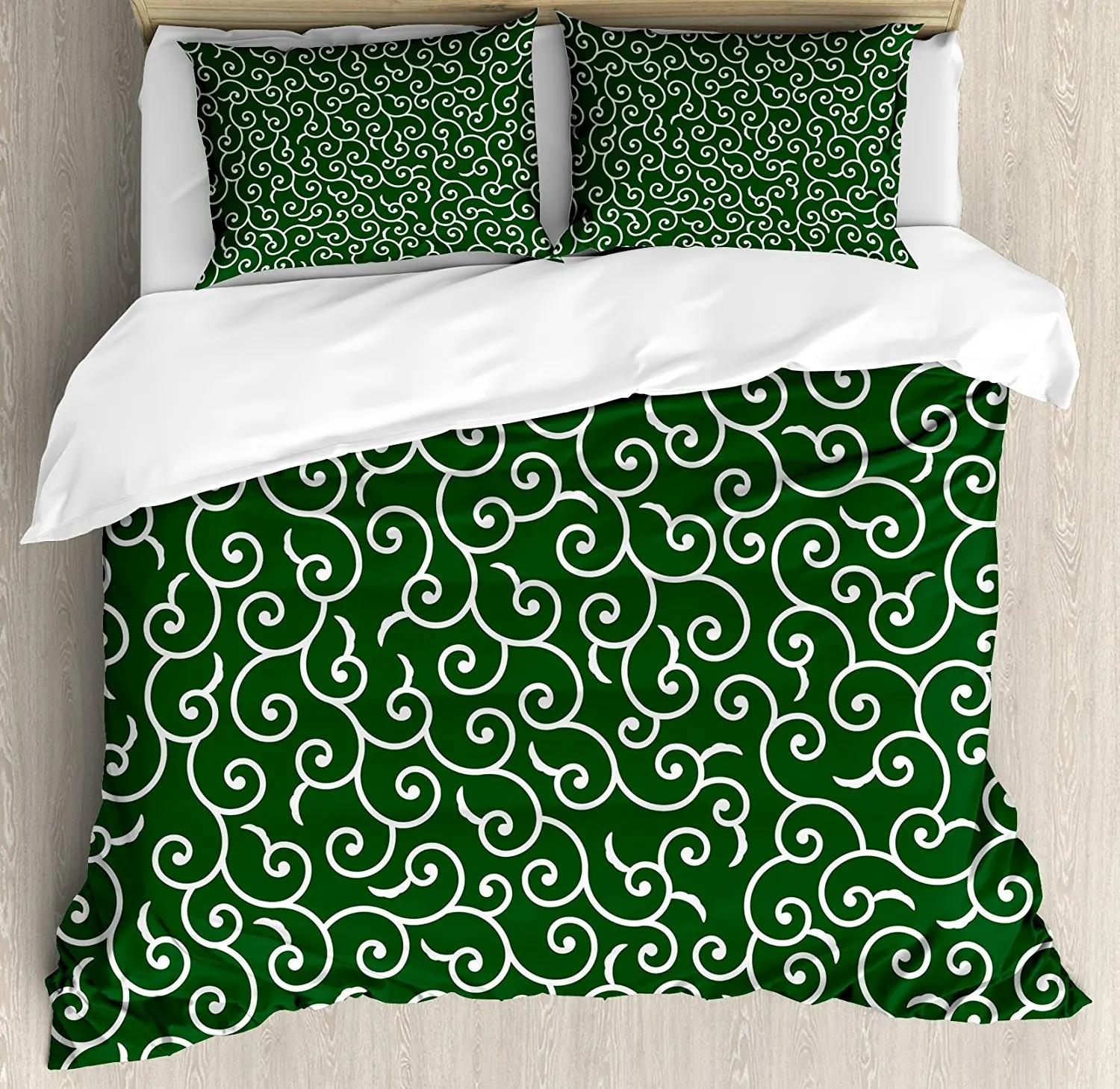 

Green Duvet Cover Set Traditional Ancient Japanese Pattern with Abstract Curly Branches and Leaves Asian Decor 4pcs Bedding Set