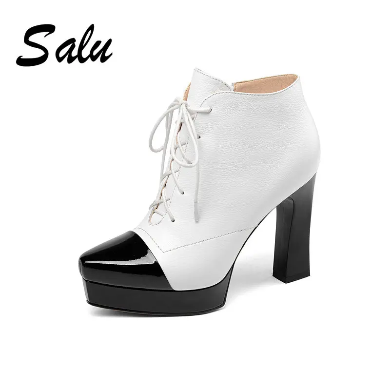 

salu Ankle Boots High Quality Genuine Leather Shoes Black Handmade Boots With Short Plush Russian Size Autumn Boots