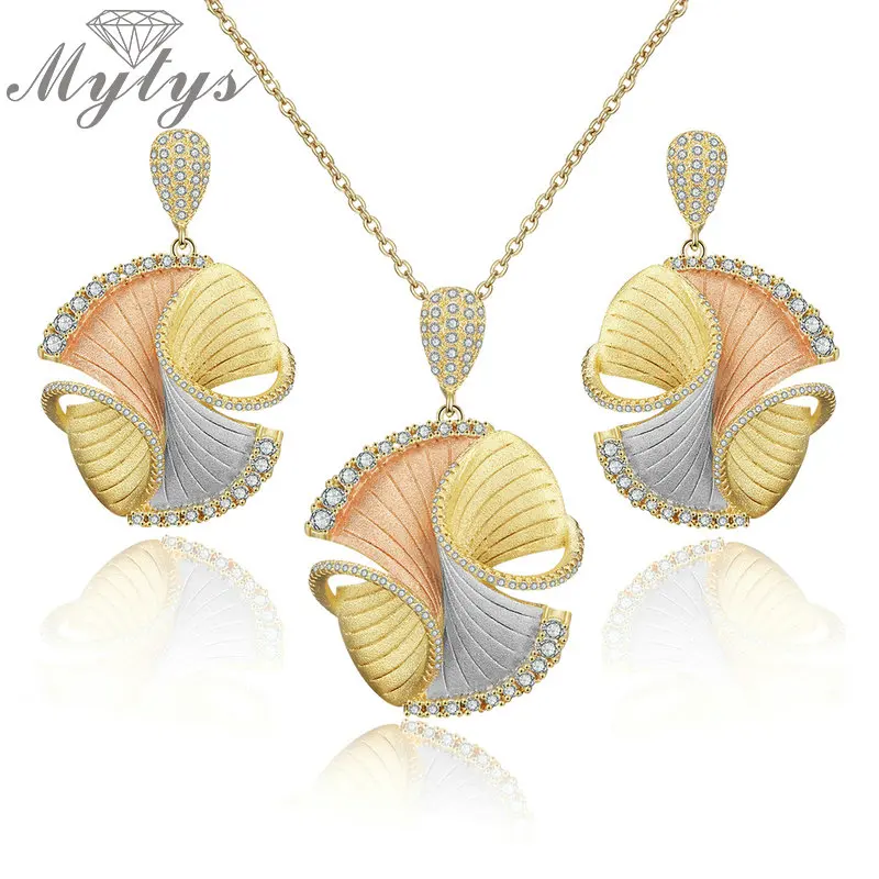 

Mytys Saudi Arabia Fashion Dubai Design Palace Jewelry Sets for Women Elegant Nature Tricolor Gold Sandblasting Necklace Earring
