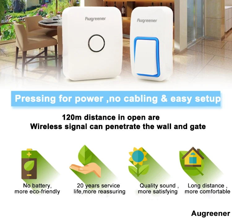 Augreener Long Distance Wireless Doorbell No Battery No Wire One Button 3 Receivers Loud Voice For The Old Door Bell Augreener Long Distance Wireless Doorbell No Battery No Wire One Button 3 Receivers Loud Voice For The Old Door Bell