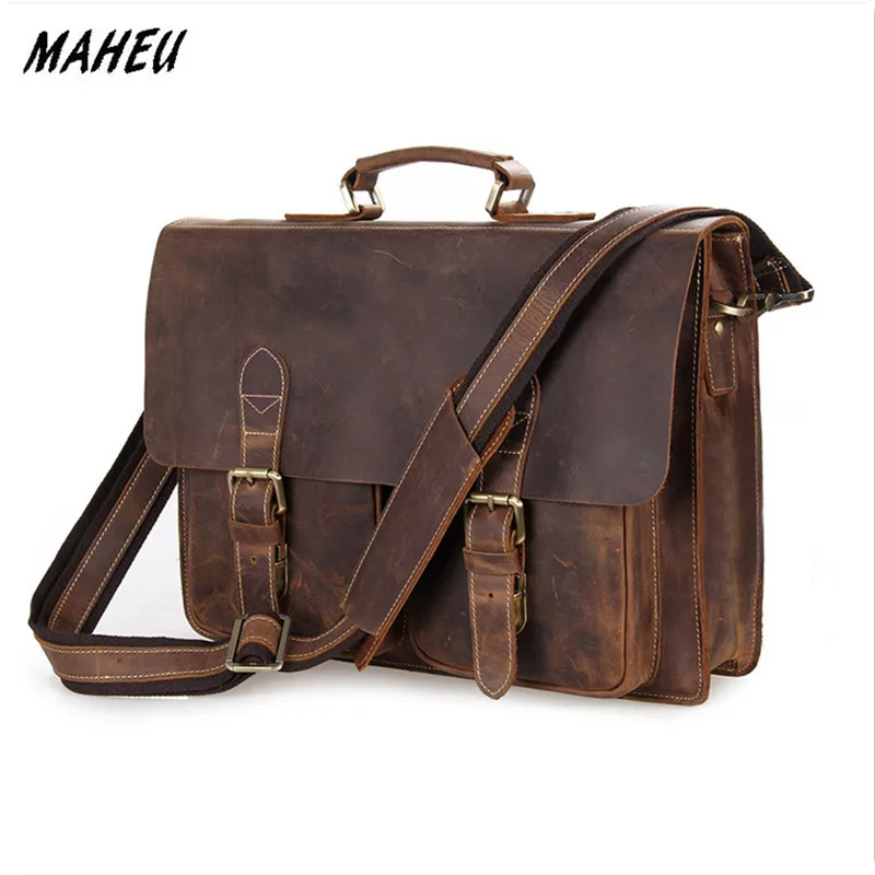 

Business Crazy Horse Genuine Leather Briefcase for Men Vintage Laptop Bag Cowhide Shoulder Messenger Bags Male Office Portfolio