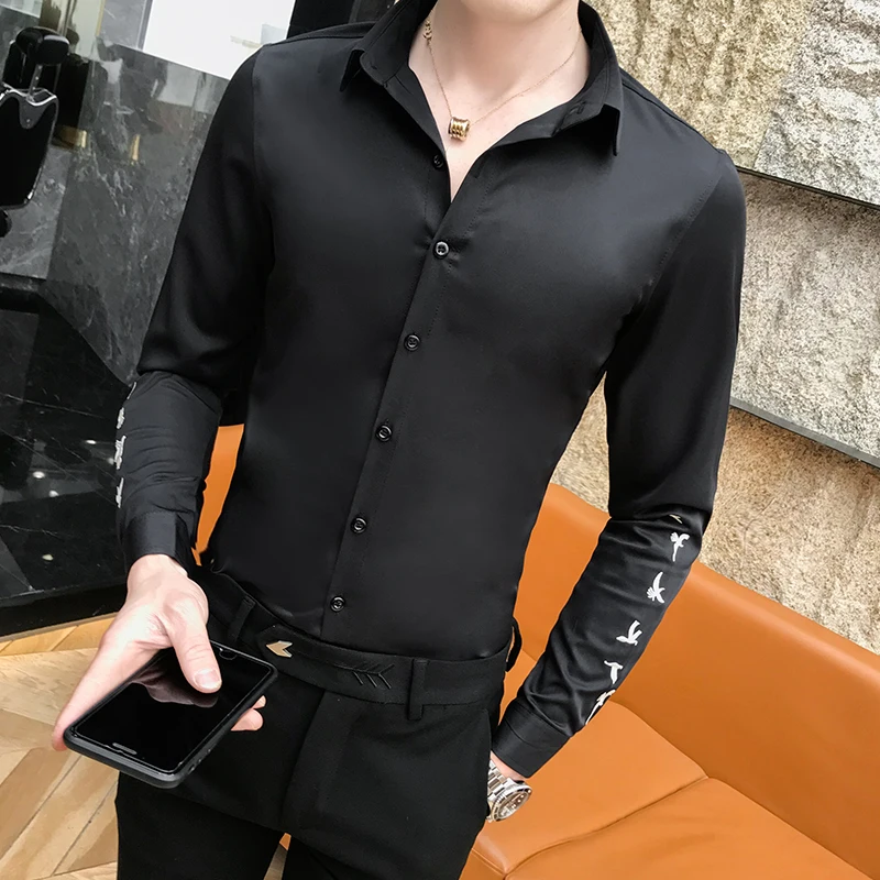 Брендовая Новая мужская рубашка Мода 2019 уличная Мужская рубашка платье вышивка с длинным рукавом рубашка мужская ночной клуб смокинг