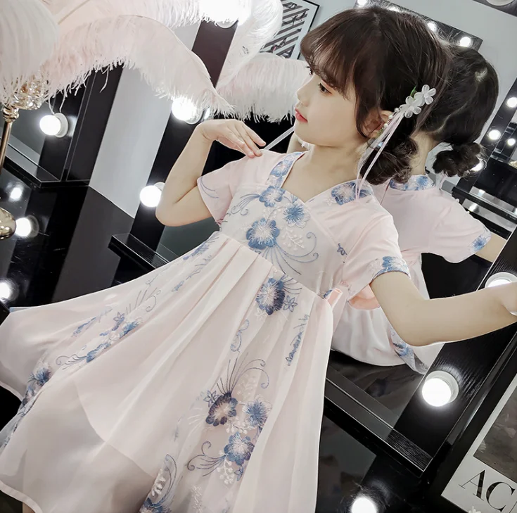

Baby Costume Cosplay Child Clothing Dance Costumes For Girls Ancient Han Ming Hanfu Dress Blue Embroidered Princess Dress Z914