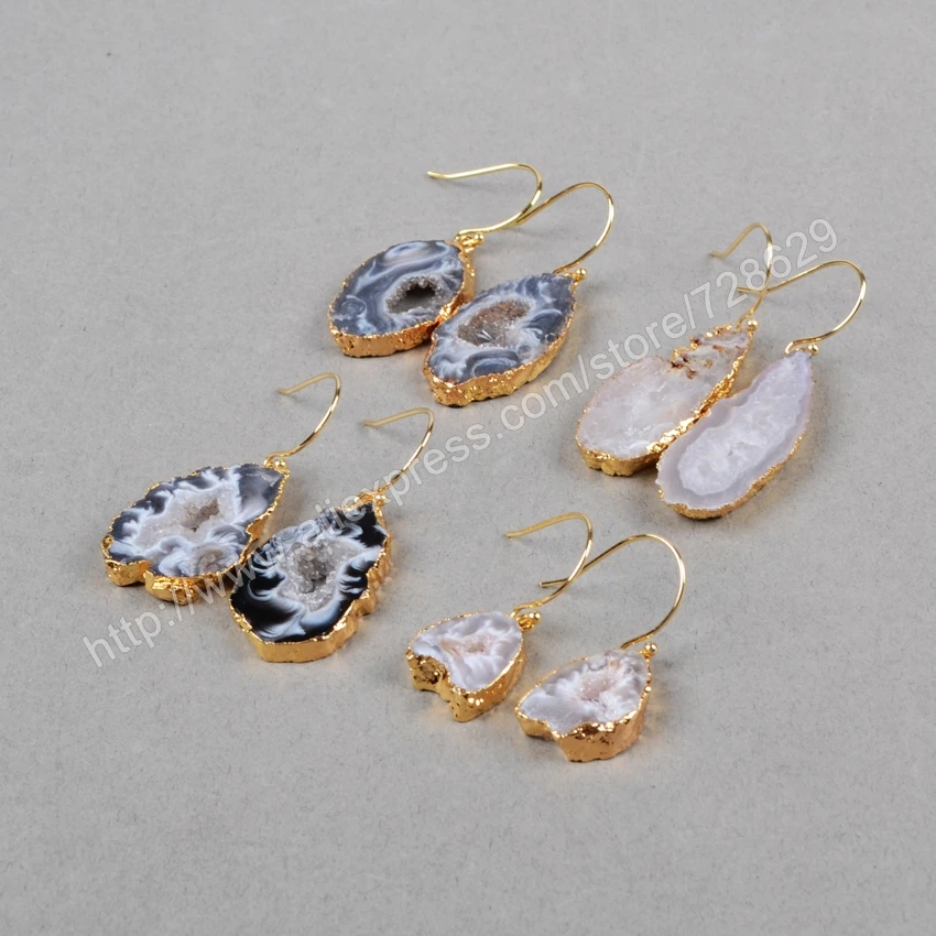 

5Pair/lot New Fashion Glod Plated Freeform Natural Agate Druzy Slice Dangle Earring for Women G0516