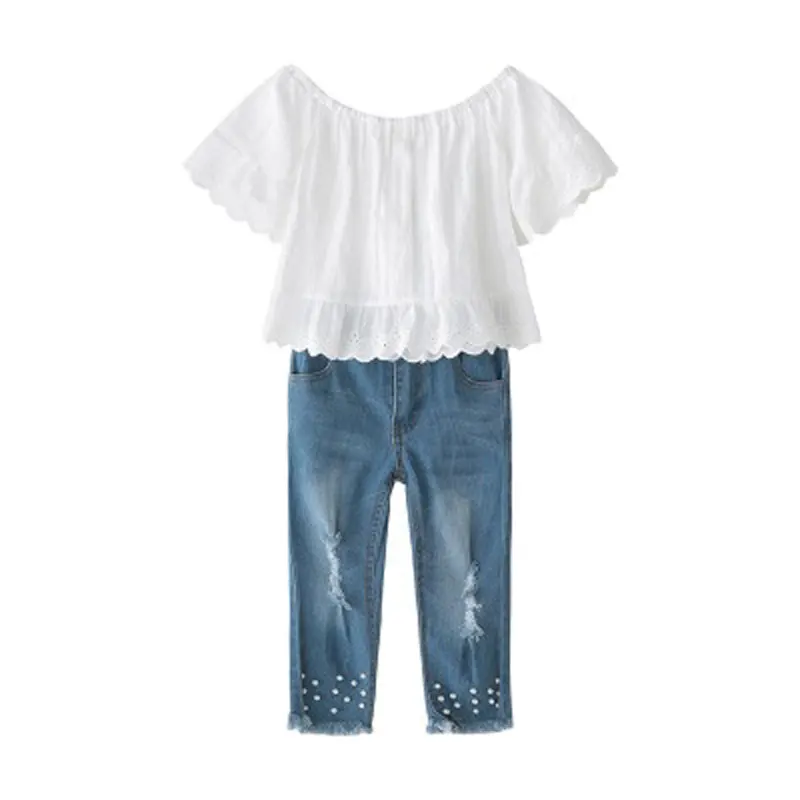 R& Z/Детский костюм г., летний модный костюм в европейском и американском стиле для девочек кружевная рубашка с воротником и жемчужинами, джинсы комплект из двух предметов