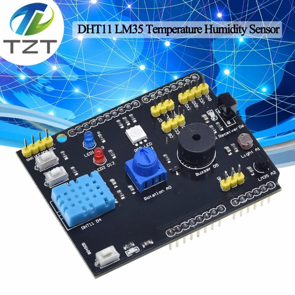 

DHT11 LM35 Temperature Humidity Sensor Multifunction Expansion Board Adapter For Arduino UNO R3 RGB LED IR Receiver Buzzer I2C